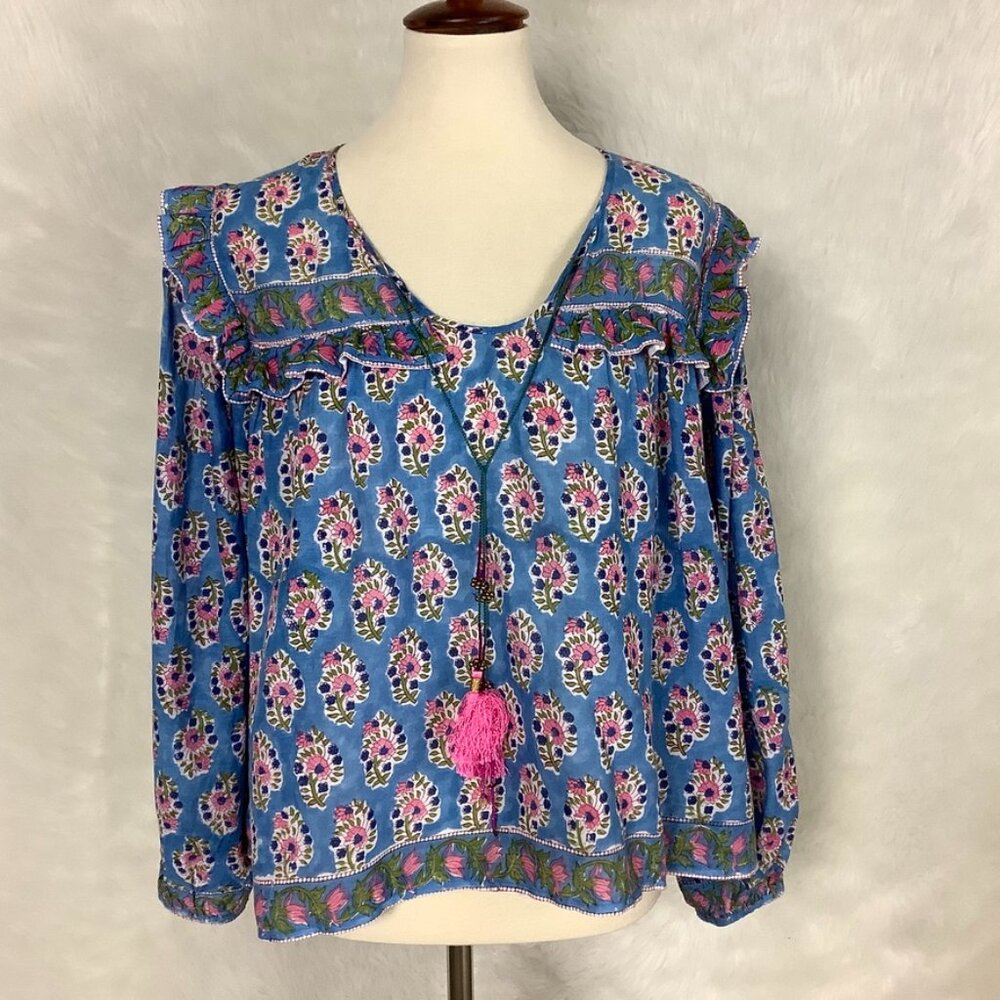 Alice Bell Long Sleeve Pink, Blue Floral Block Print Ruffle Tassel Maci Blouse L